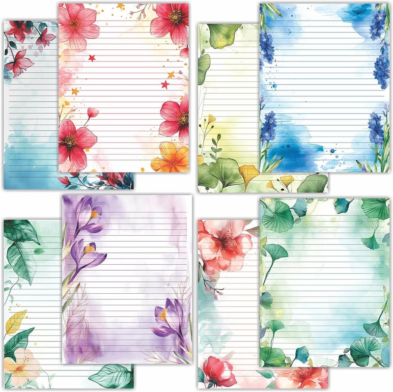 PARTH IMPEX 56 Sheets Watercolor Floral Lined Writing Paper 8.5x11 - Letter Size Ruled Stationery Letterhead Printer Paper - 120gsm Thick Decorative scrapbooking Colored Antique Aged Flowers Design - Image 1